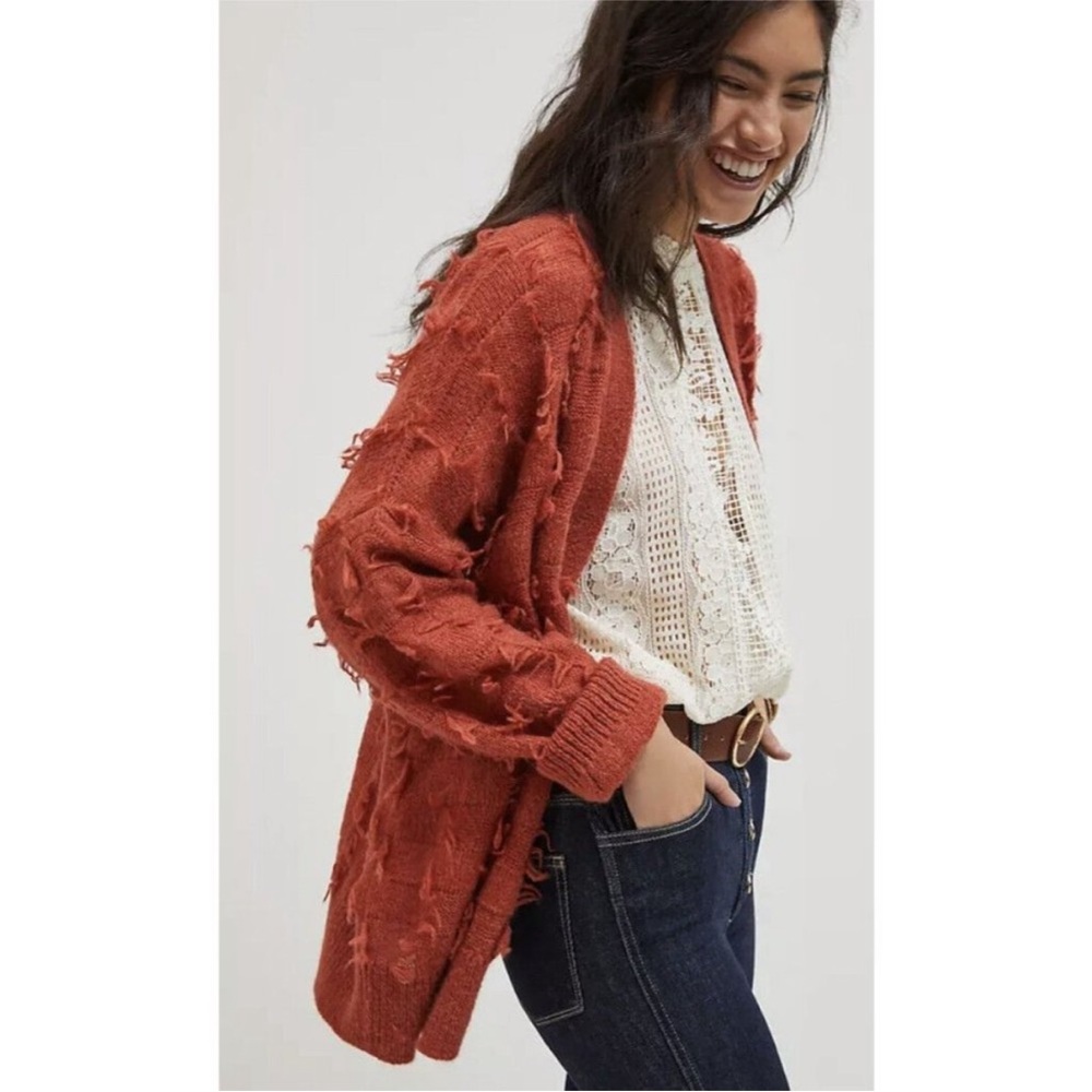 Anthropologie Maeve Janis Checkered Fringe Rust Orange‎  Cardigan Size M / L